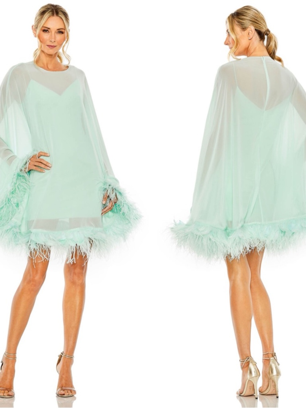 MAC DUGGAL Feather Hem Sheer Cape Green 11622 Mini Dress Size 6